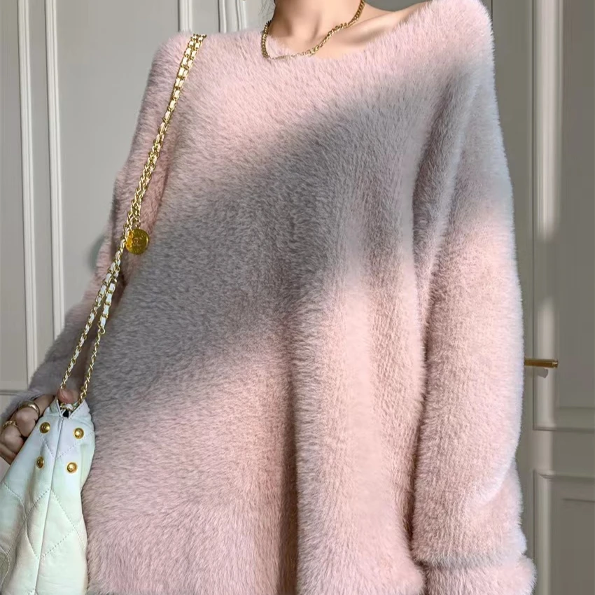 Heavy man-made mink velvet soft waxy V-neck knit long sleeve pullover thick sweater with coat base