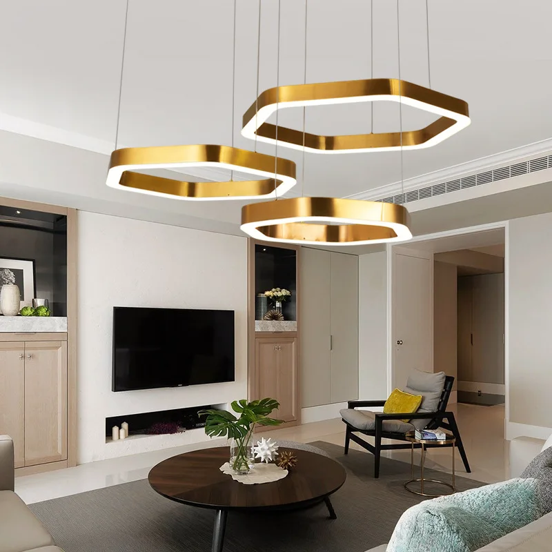 Stainless steel modern chandelier simple hexagonal golden living room lamp Hotel engineering lobby decorated circle chandelier