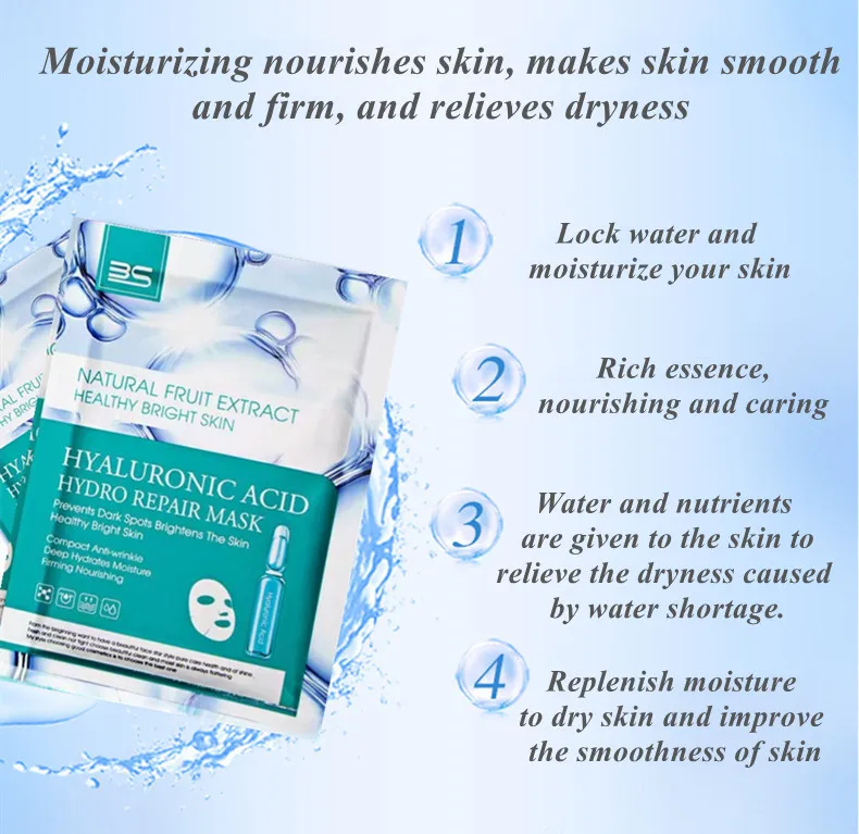 OEM Hot Popular Product Beauty Skin Natural  Hyaluronic Acid  Repair Facial Mask Sheet Skin Care Hydrating Moisturizing Skin