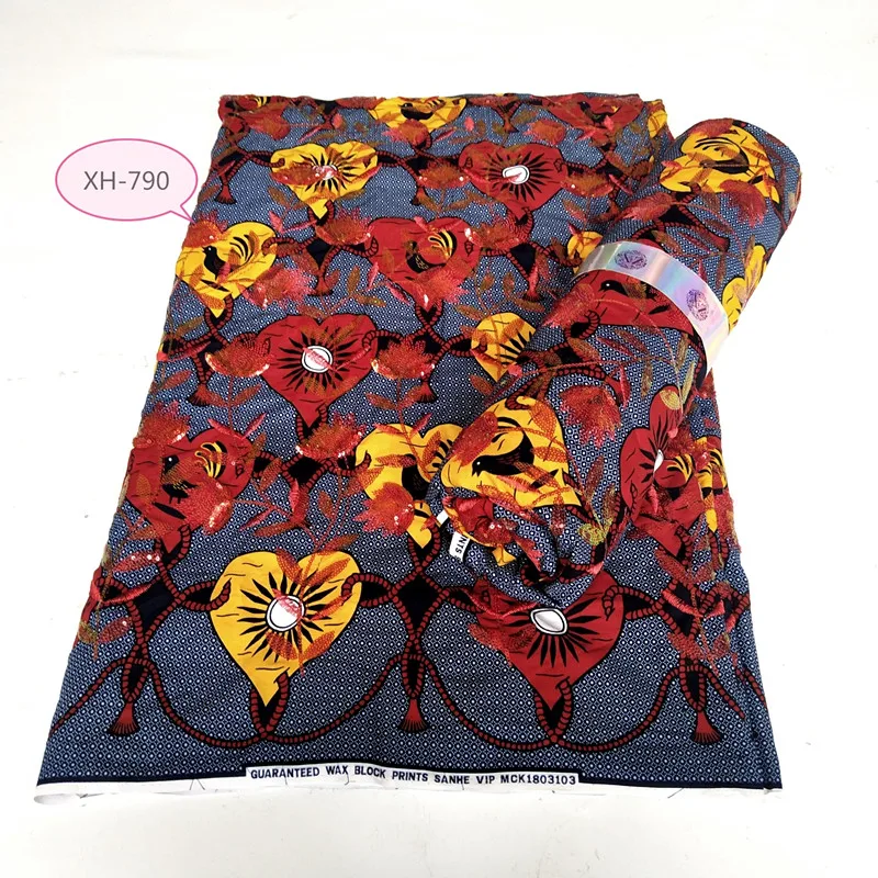 New African Full Sequins Wax Fabrics Nigeria Ankara Lace Printed Materials 6Yards/Pcs Sewing Dress