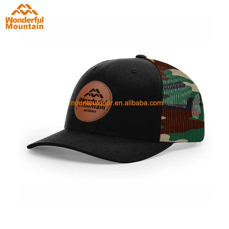 Custom leather patch logo back American flag 6 panel mesh trucker hat