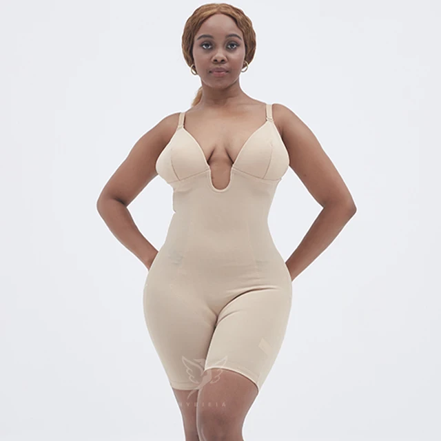 Hygieia Deep V-neck Colombians Jumpsuit Full Body Shaper Thigh Slimmer Bodysuit Shapewear for Women Tummy Control