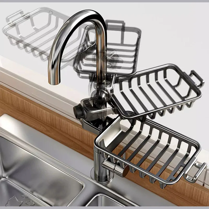Space Aluminum Kitchen Sink Drain Rack Sponge Storage Faucet Holder Over Faucet Soap Drainer Shelf Faucet Basket Organizer