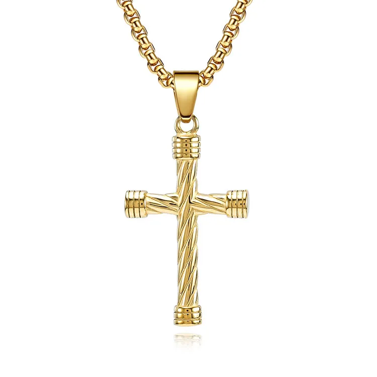 Custom Wholesale High Quality 18K Gold Plated Stainless Steel Fashion Jewelry Popular Cable Wire Cross Mens Pendant Necklace
