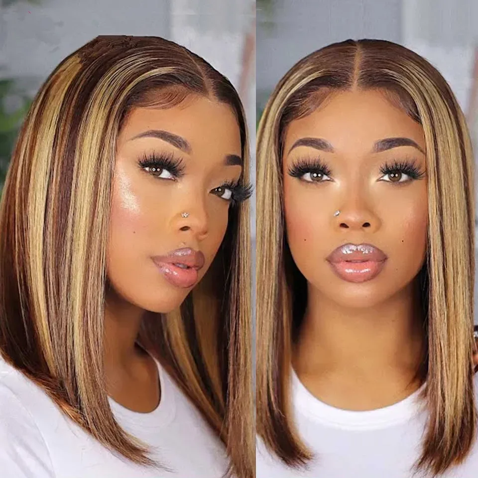 Bone Straight Bob Wig Highlight Human Hair 13x4 HD Transparent Lace Frontal Wig Short Bob Human Hair Wigs For Women 180%