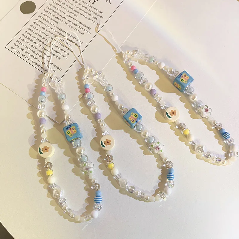 Acrylic CCD Shell Beaded Phone Chain Lanyard Jewelry for Women Gift Pearl Love flower Charm Phone Case Strap DIY Accessories
