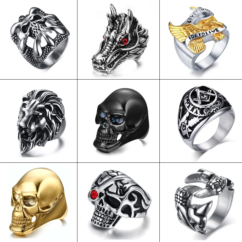 Men Hip Hop Masonic Retro Stainless Steel Casting Skull Head Magic Claw Ghost Head Lion Head Finger Ring