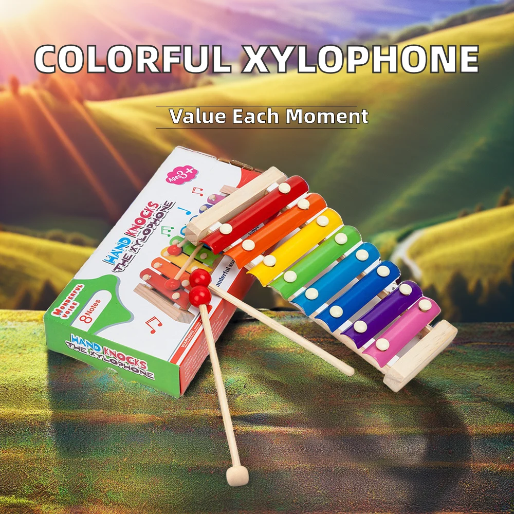 Unisex Eight-Color Wooden Xylophone Educational Musical Instruments Baby Toys for Toddlers Aged 2 to 4 Years