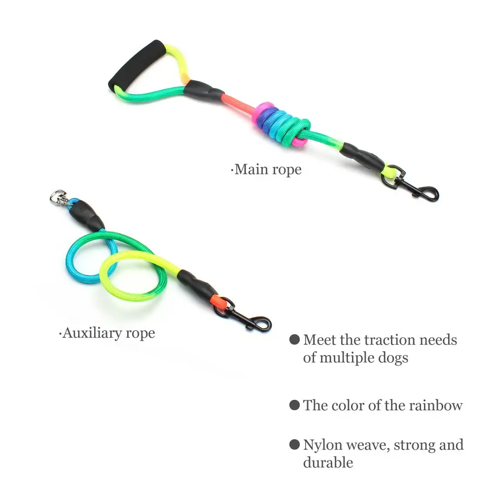 New Rainbow Multi Dogs Leash Nylon Detachable Pet Lead Foam Handle 1 Leash for 2 or 3 or 4 Dogs Round Traction Rope Dog Supplies