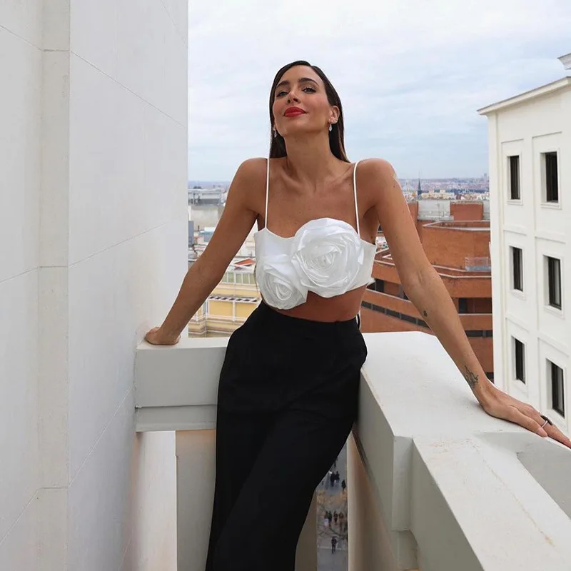 W5493 Sexy Satin Patchwork Rose Flower Camis Tank Top Women Square Collar Sleeveless Slim Crop Tops Summer Fashion White Corset