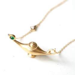 Fairy Tale Aladdin Magic Lamp Gold Necklace With Natural Emerald 14K Yellow Gold Bead Blast Finish