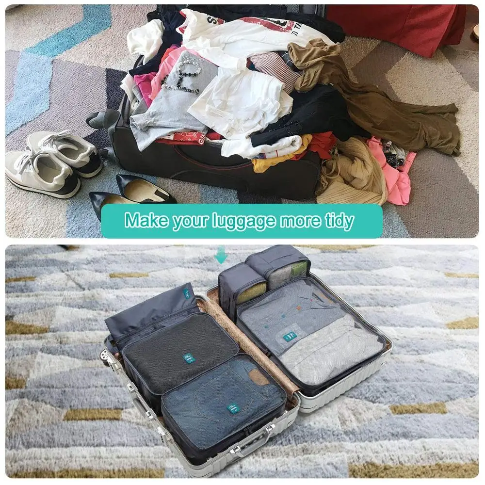 Private Label Lightweight Hot Cheap Luggage Trolley Bag Travel Compression Organizers 6 Set Packing Cubes With Shoes Bag