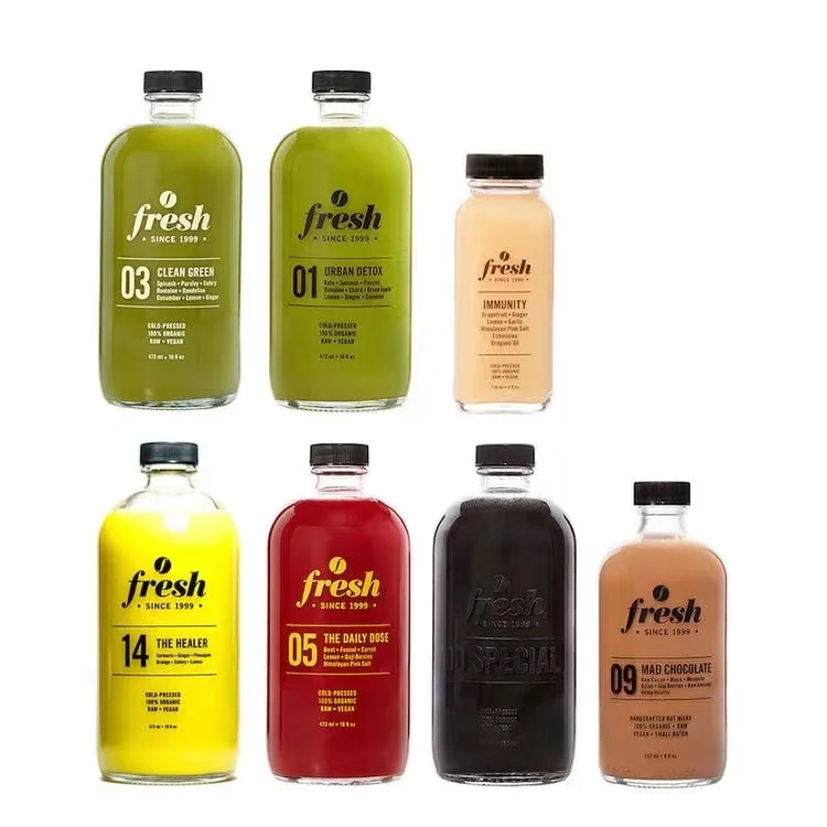 250ml 350ml 500ml clear french square beverage glass bottle cold pressed juice bottles with cap