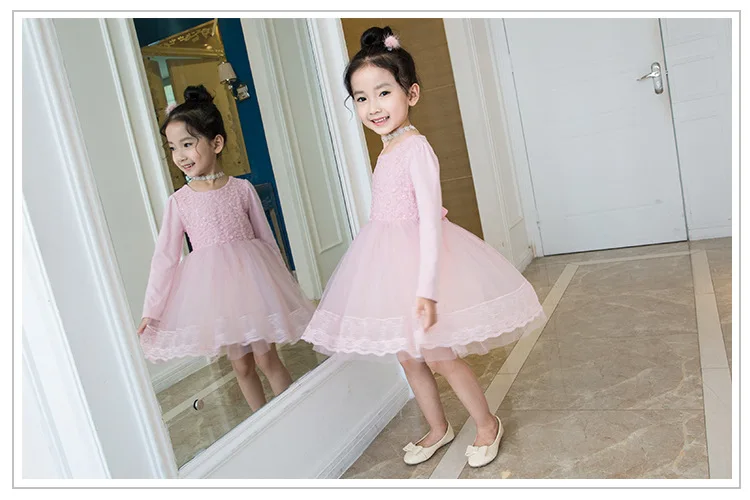 Korean Kids Clothes Spring Autumn Princess Dress Mesh Long Sleeve Solid Color Children Lace Clothing Casual Girls Dress