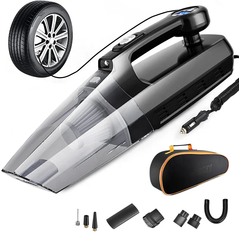 4-in-1 Car Vacuum Cleaner Tire Inflator Portable Air Compressor with Digital Display LED Light 12V DC Wet/Dry Handheld Cleaner