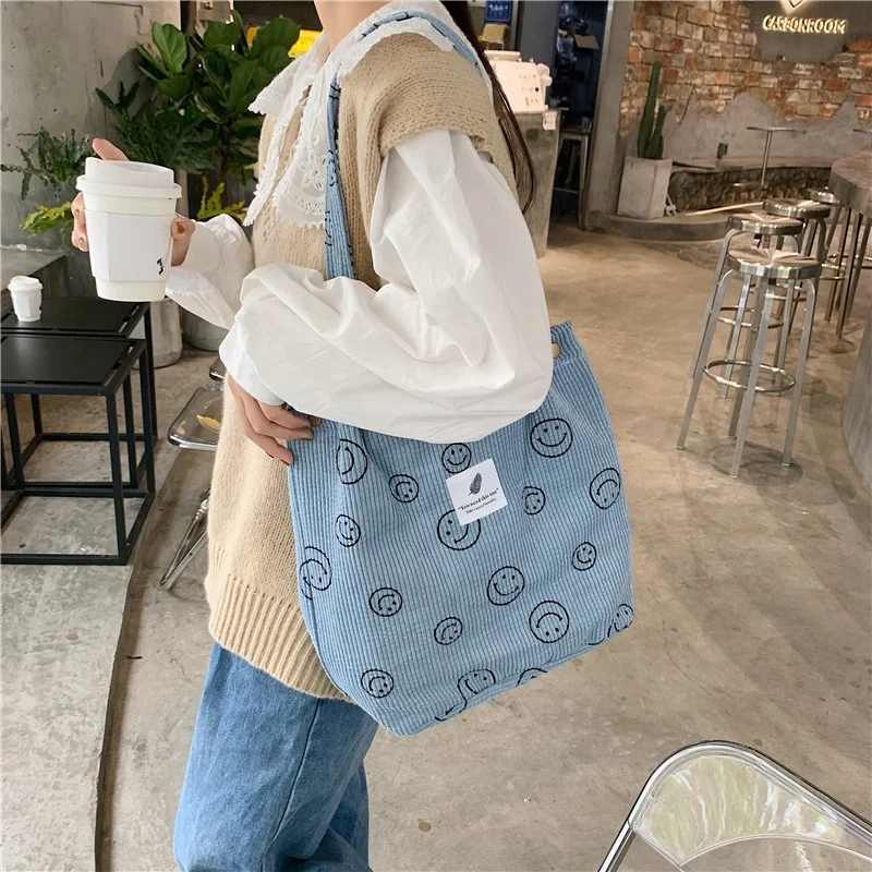 2023 custom logo Corduroy fabric shopping bags smile face corduroy shoulder bags strong capacity corduroy shopping tote bags