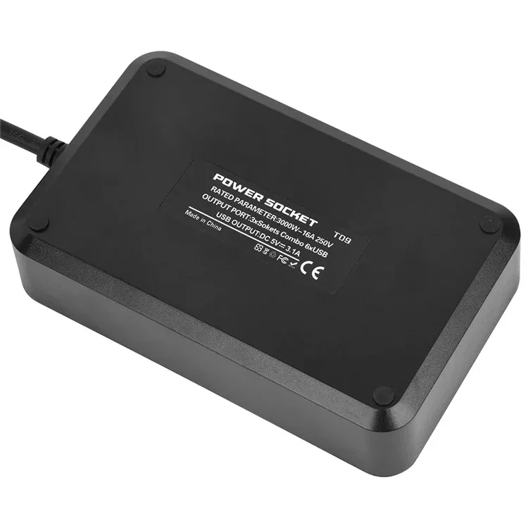 EU Plug 3000W High Power Strip 2m Extension Cable 3 AC Outlets with 6 USB Output Port (CE Certified)