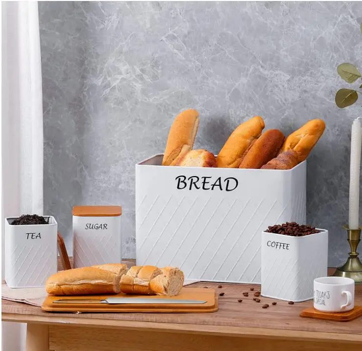 Large Bread Box with Bamboo Cutting Board Lid Sugar Tea and Coffee Storage Set of 3 Canisters Bread Bin Storage Container