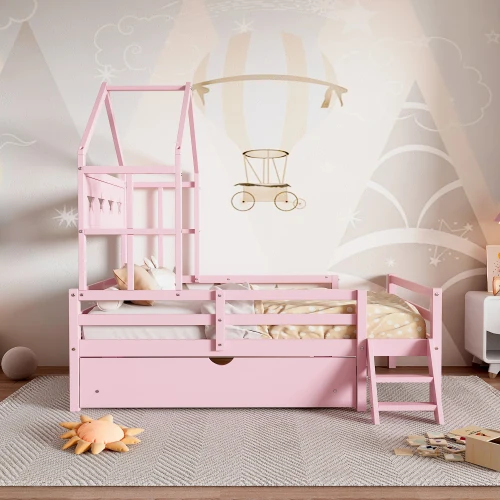 Pink wooden house theme princess bed with guardrail and drawer storage space suitable for children.