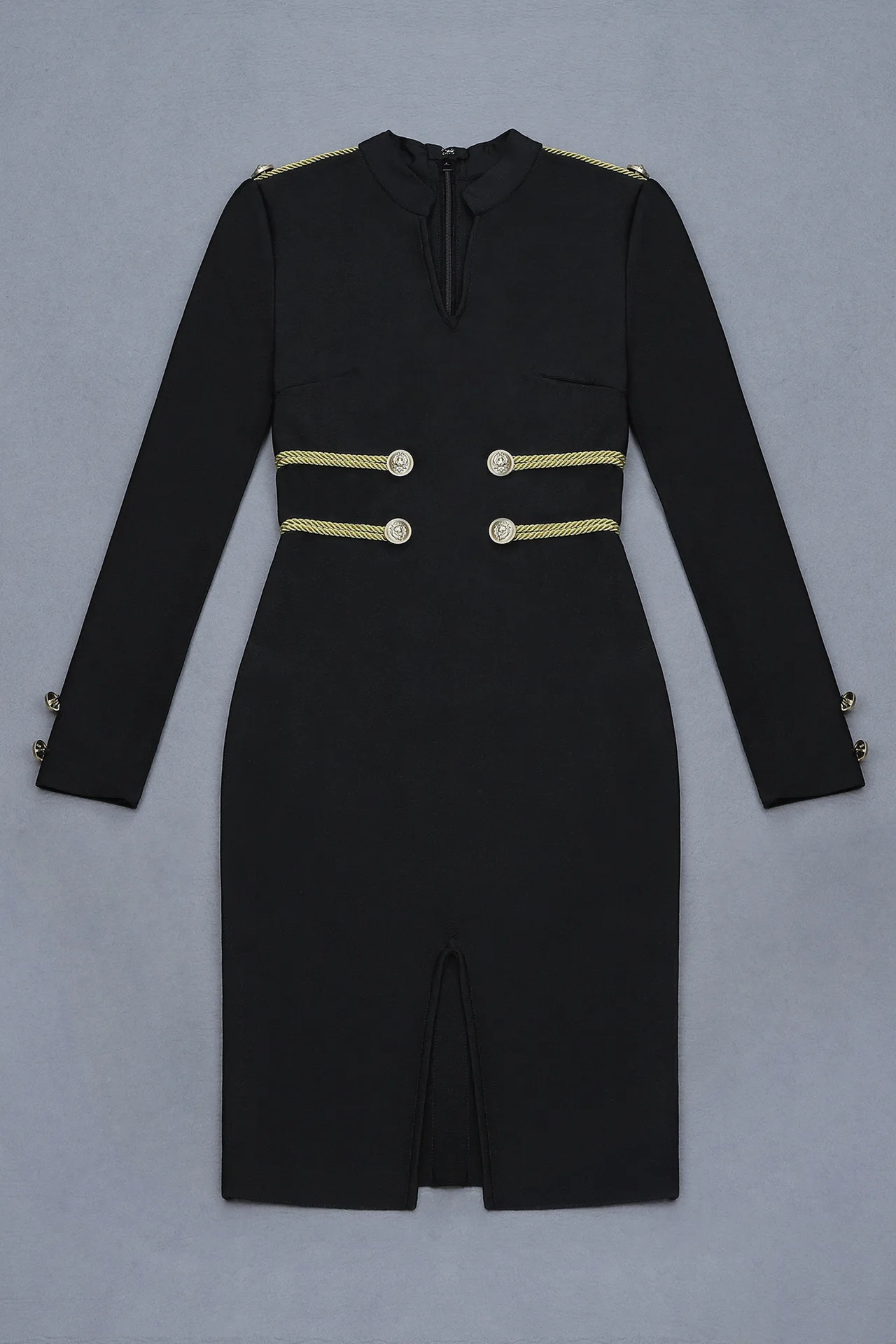 Long Sleeve Graceful Black Autumn Causal Bodycon Women Dress Simple V-neck Split Button Bandage Dress