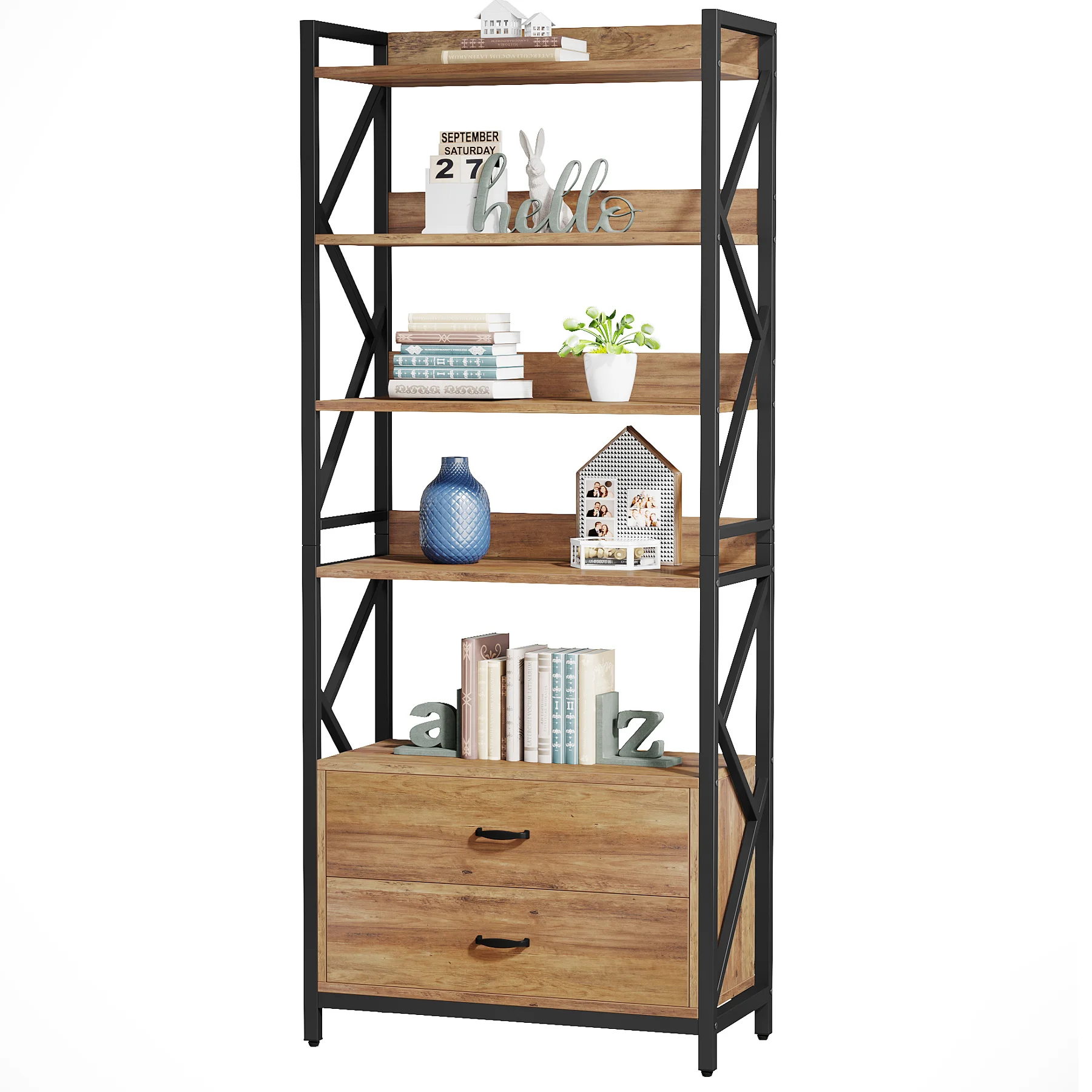 Tribesigns  Industrial 5-Tier Bookcase with 2 Drawers  book storage organizer display shelf rack