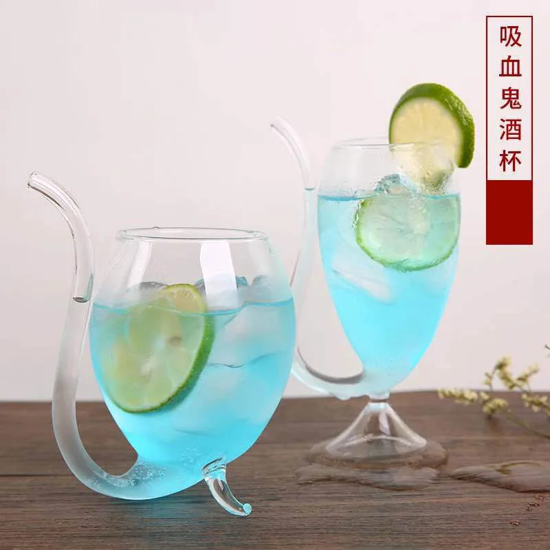 Vampire Glass Cup Wine Whiskey Glass Heat Resistant Sucking Juice Milk Drinking Tube Straw Cup Creative Wine Glass High foot