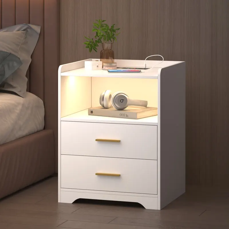 Custom Wholesale Led Nightstand With Charging Station And Two Drawers Multifunctional Nightstand For Bedroom And Living Room