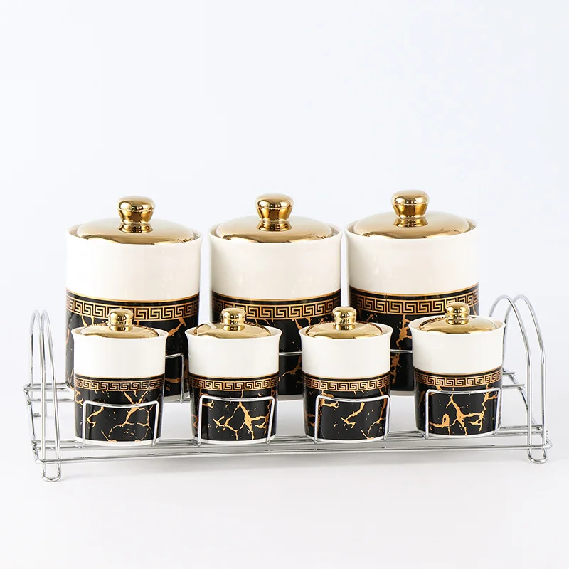 Kitchen Sealed Jar Set Food Container with Shelf Ceramic New Marbled Black Gold and White Gold Multifunction Kitchen Storage
