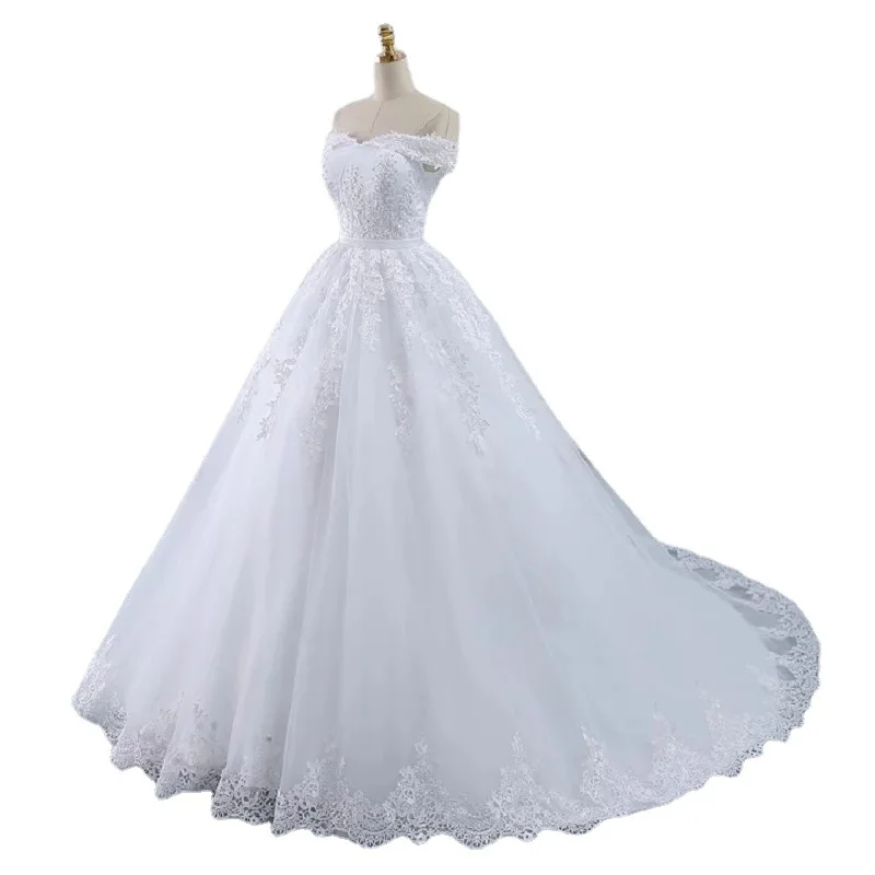 2022 New design white pure white off shoulder sexy wedding dresses bridal ball gown tail length
