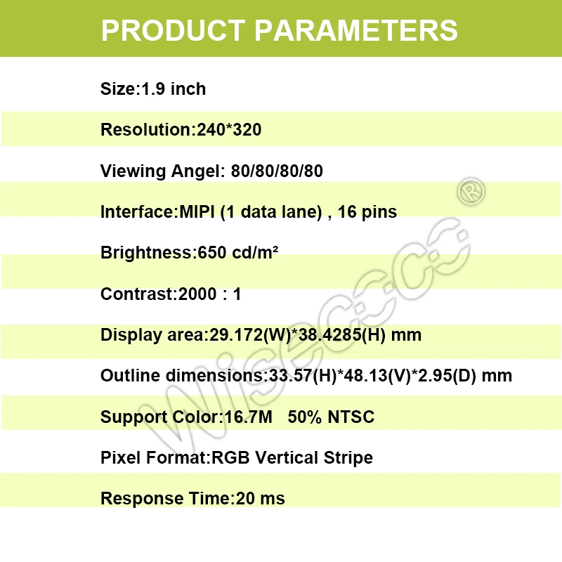 Wisecoco In Stock 1.9 Inch High Contrast 240*320 Mipi 16Pins 650cd/m2 Lcd Module Display Support Custom Touch For Medical Grade