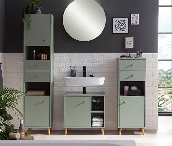 Source Factory OEM Bathroom Furniture Wood Pistachio Green Bathroom Tall Cabinet