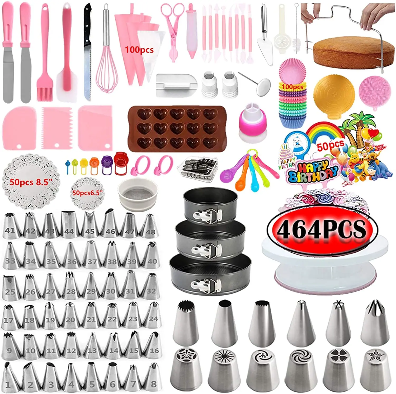
2021 Upgrade 464 Pcs With Springform Cake Pans 48 Piping Icing Tips Cake Rotating Turntable for Beginner Cake Decorating Tools 