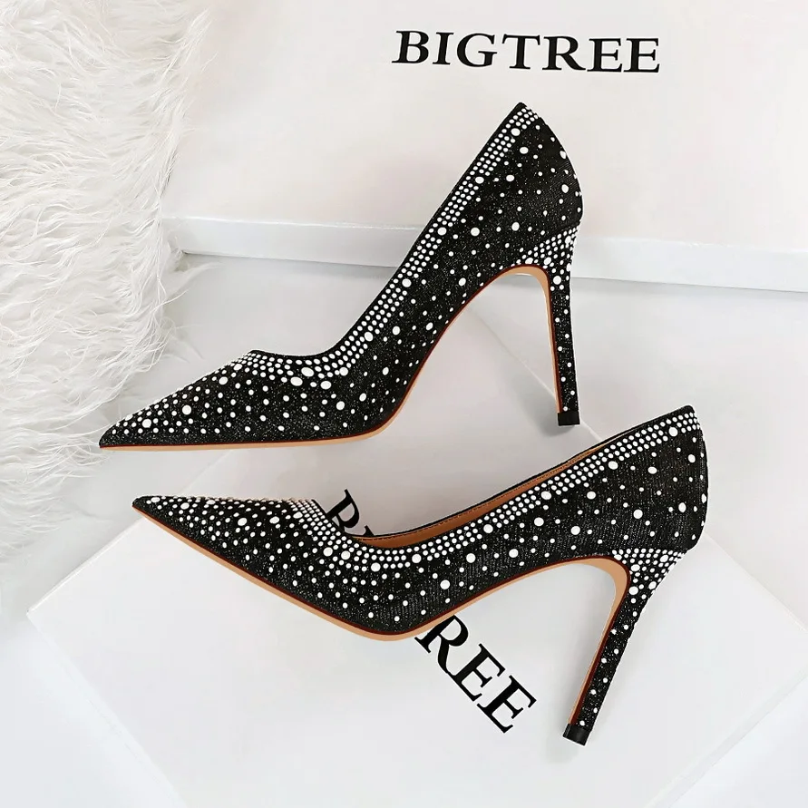 Korean fashion sexy women suede pointed toe rhinestone thin high heel shoes 42 43