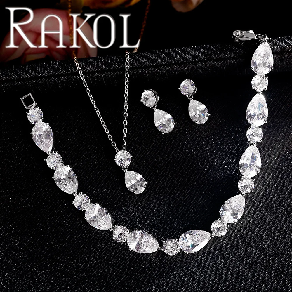 RAKOL SP272 Simple Teardrop Crystal Gemstone Zircon Chain Necklace Earrings Jewelry Set