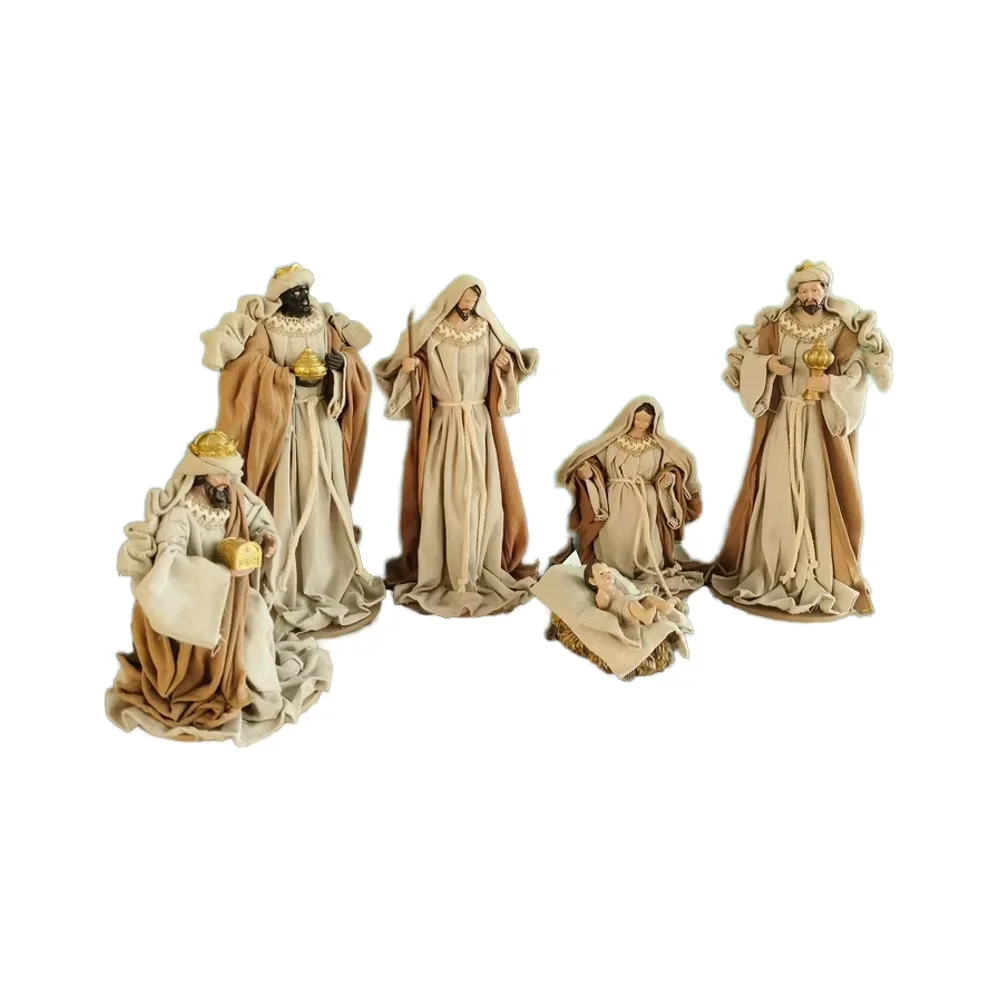Wholesale Fabric Nativity Resin Crafts Ornaments 6 Piece Colorful Christmas Decorations 14 Inch Birth Nativity Scene Set Decor