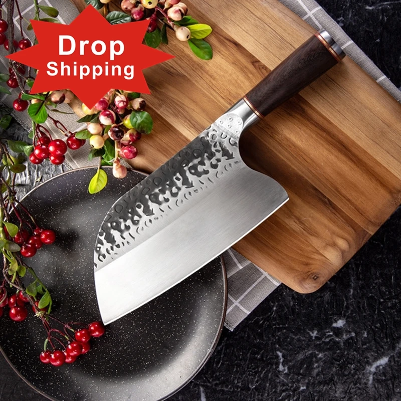 Drop ship Handmade 8 inch Forged High-carbon Steel ebony wood handle Kitchen Knives Chef Cleaver Slicing Butcher knife