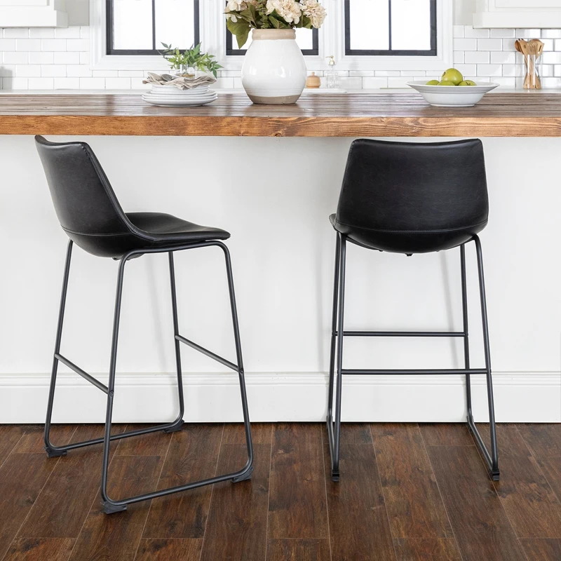 Nordic Style Kitchen Counter Bar Stools Armless Industrial Faux Black Leather Bar Stools For Kitchen With Metal Legs
