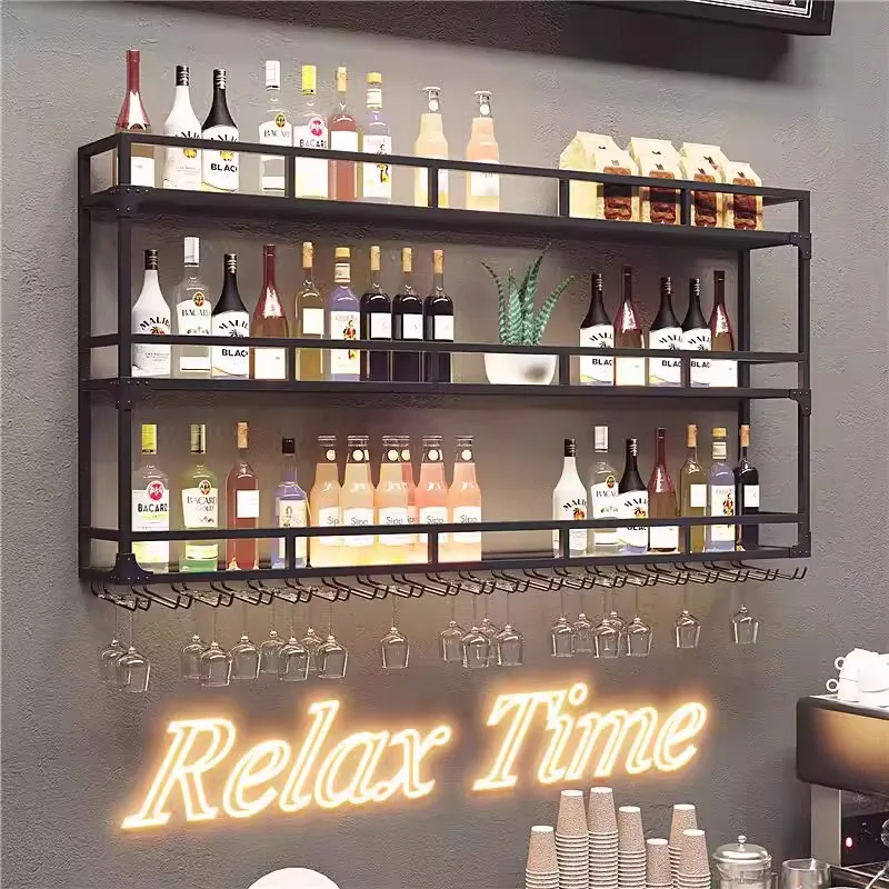 Commercial Tavern Bar Club Furniture Multi-layer Iron Wall Mounted Wine Rack Shelves