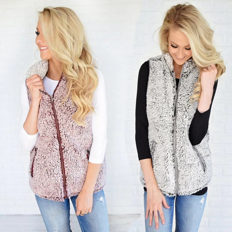  Womens Sleeveless Zip Up Fuzzy Faux Sherpa Vest Sweater Cozy Coat Jacket With
