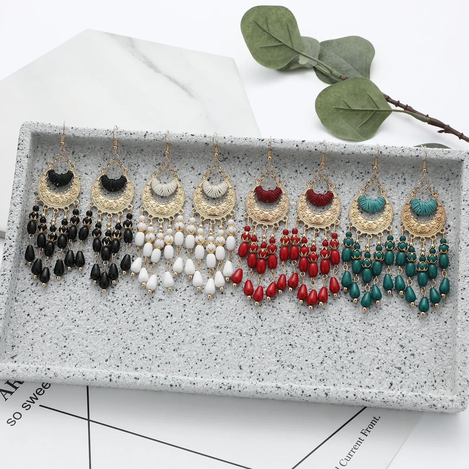 Zircon Jewelry Bohemian Holiday Style Alloy Gold Plated Carved Handmade Beads Party Huggie Tassels Long Earrings for Women