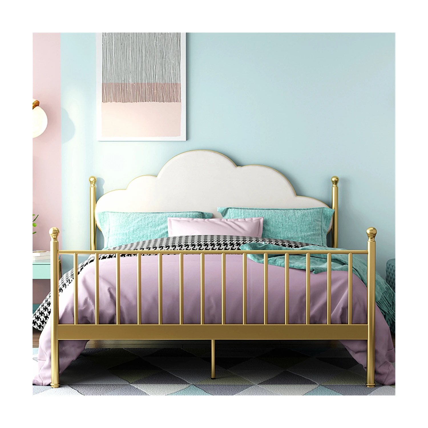 Заводское производство, новый стиль, легкий роскошный популярный дизайн, современный металлический каркас для кровати с облачным изголовьем для подростков и взрослых