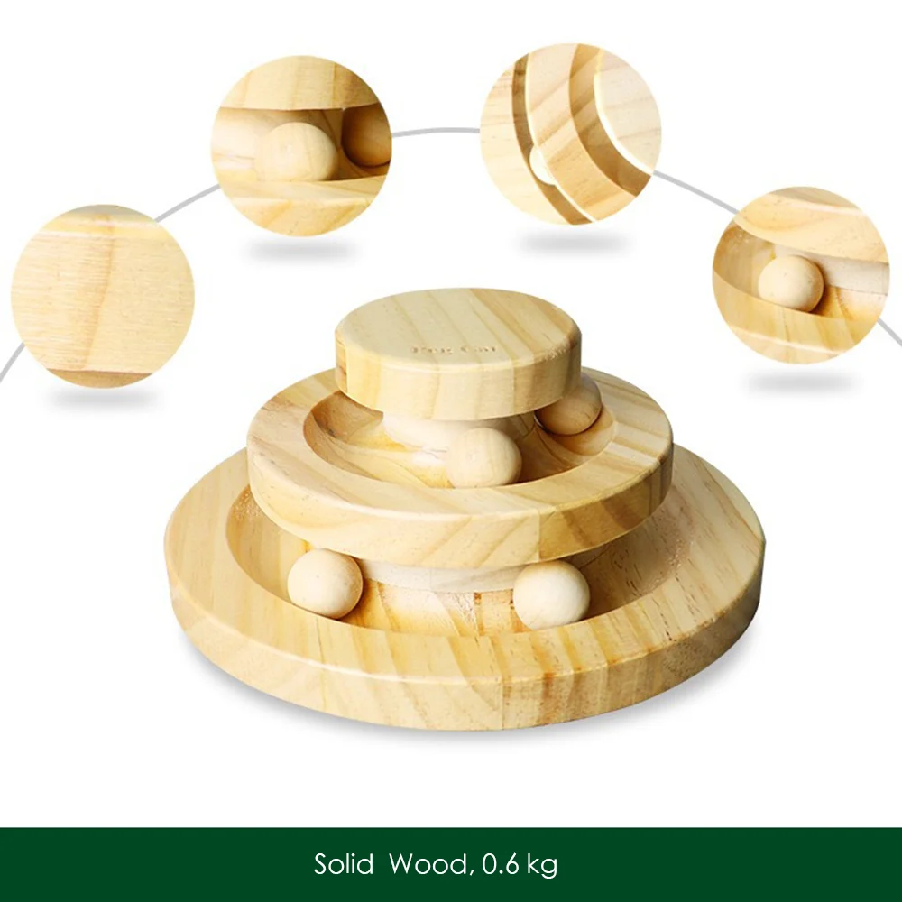 Wooden Double Layer Circular Tower Rolling Interactive Cat Toy Chasing Turntable Ball Track Funny Roller