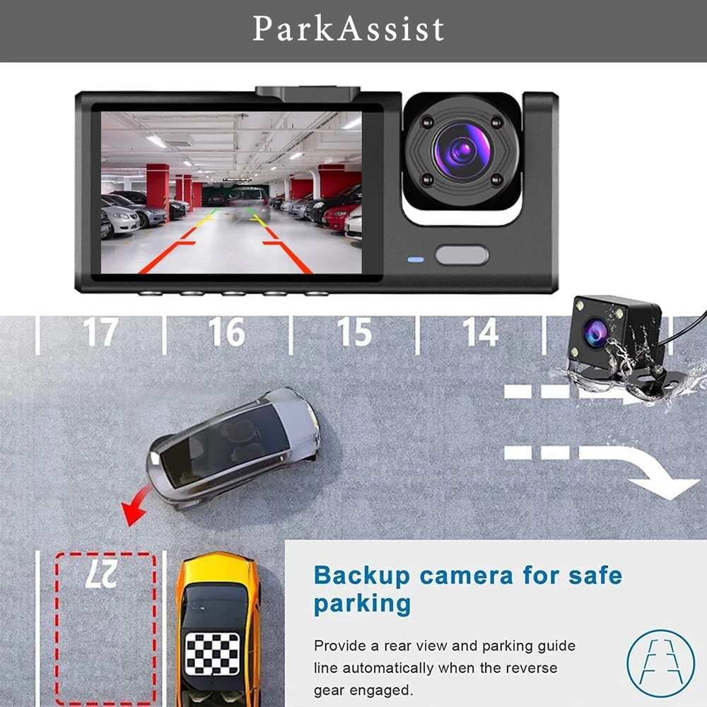 2 inch screen mini dashcam 3 channel car video camera front rear and inside dash camera 1080p 3 lens dash cam car dvr