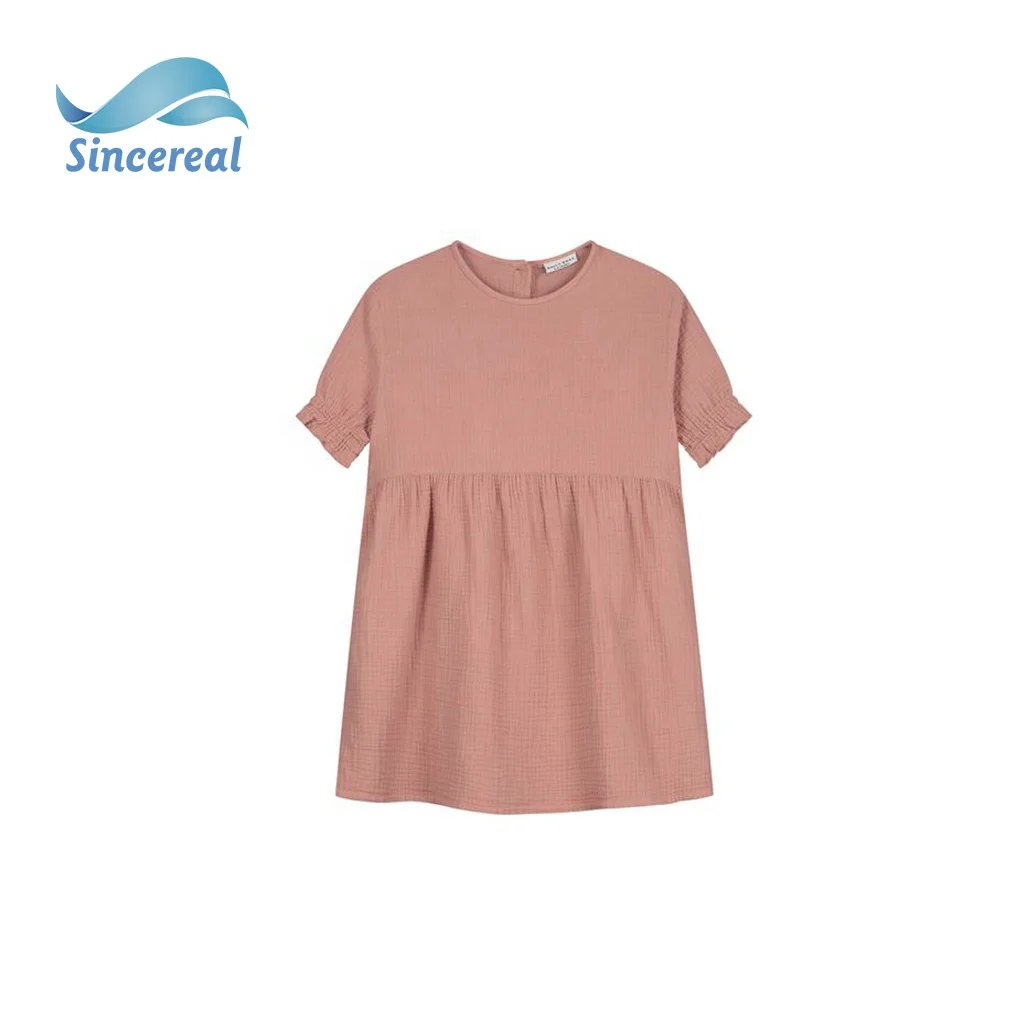 2024 Custom summer high quality seersucker casual children dress soft kids linen solid color dress with breasted