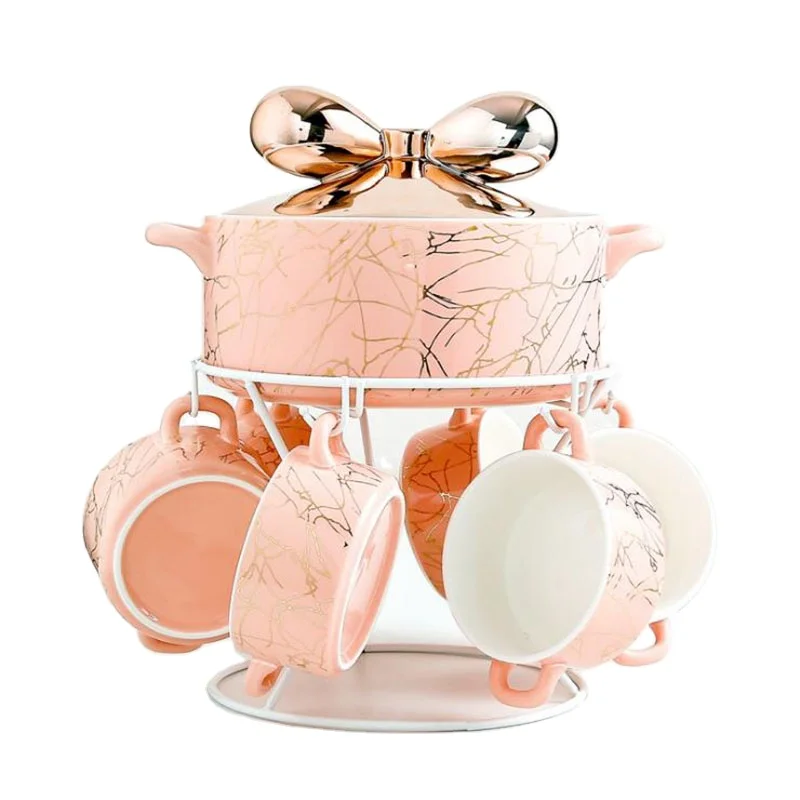Solhui Fashion Marble pattern Rack whole set round ceramic soup pot with candle holder six soup bowl with cover