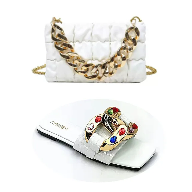 SD-2022 Luxury Glitter diamond beaded Metal buckle open toe leather slipper with shoulder bag set lady purse sandals outfits