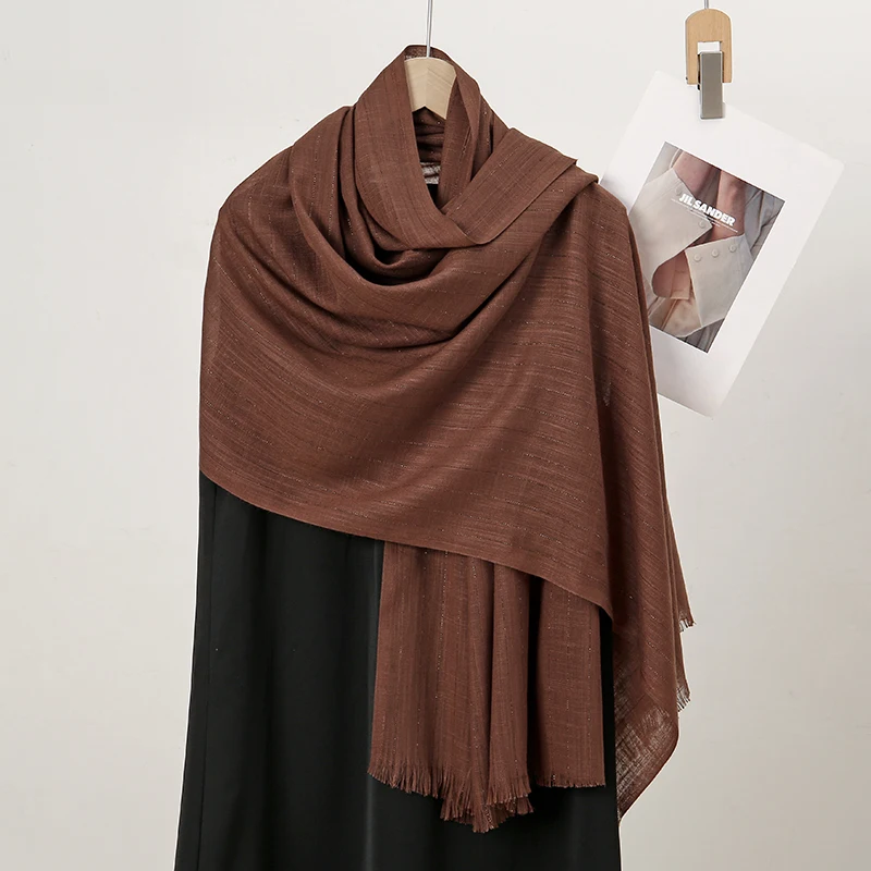 Latest Gold Thread Tassel New Custom Solid Color Polyester Pashmina Headscarf Muslim Cotton Hijab Scarf