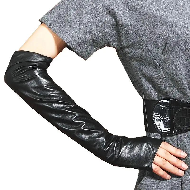 
50cm 19.6inches High Quality Women Black Warm Winter Driving SheepLeather Gloves for Plain Style Feature Fingerless Gloves 