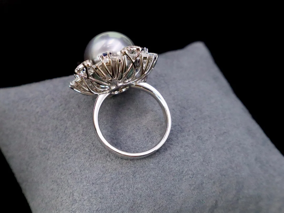 Luxury Sapphire Gold Ring Jewelry 14-14.5mm Black tahitian Sea Pearl Ring with 18K Gold Diamond Flower Ring for wedding