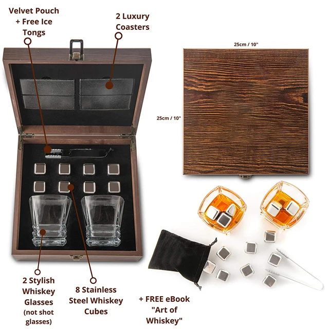 
Cubes Reusable Stainless Steel Whiskey Ice Cubes Whisky Chilling Stones wooden gift set combo set 